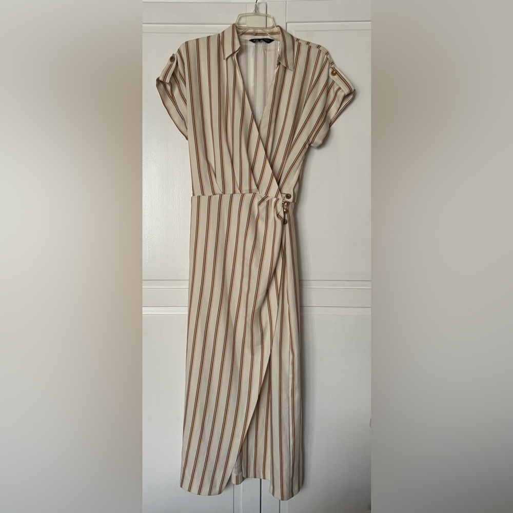 Zara Striped Cream and Brown Wrap Dress Size XS